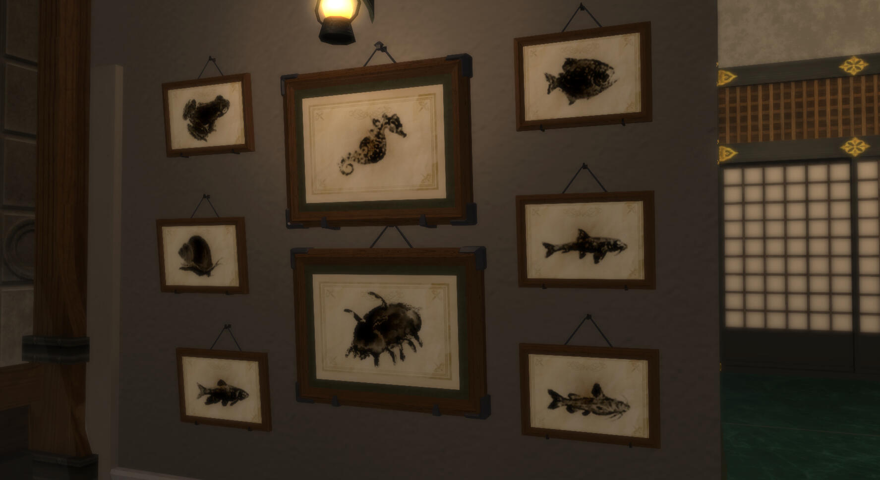Prints, clockwise from top left: Dark Ambusher, Hraesvelgr's Tear, Bloody Brewer, Great Gudgeon, Caterwauler, Aetherochemical Compound #666, Beguiler Chub, Ignus Horn