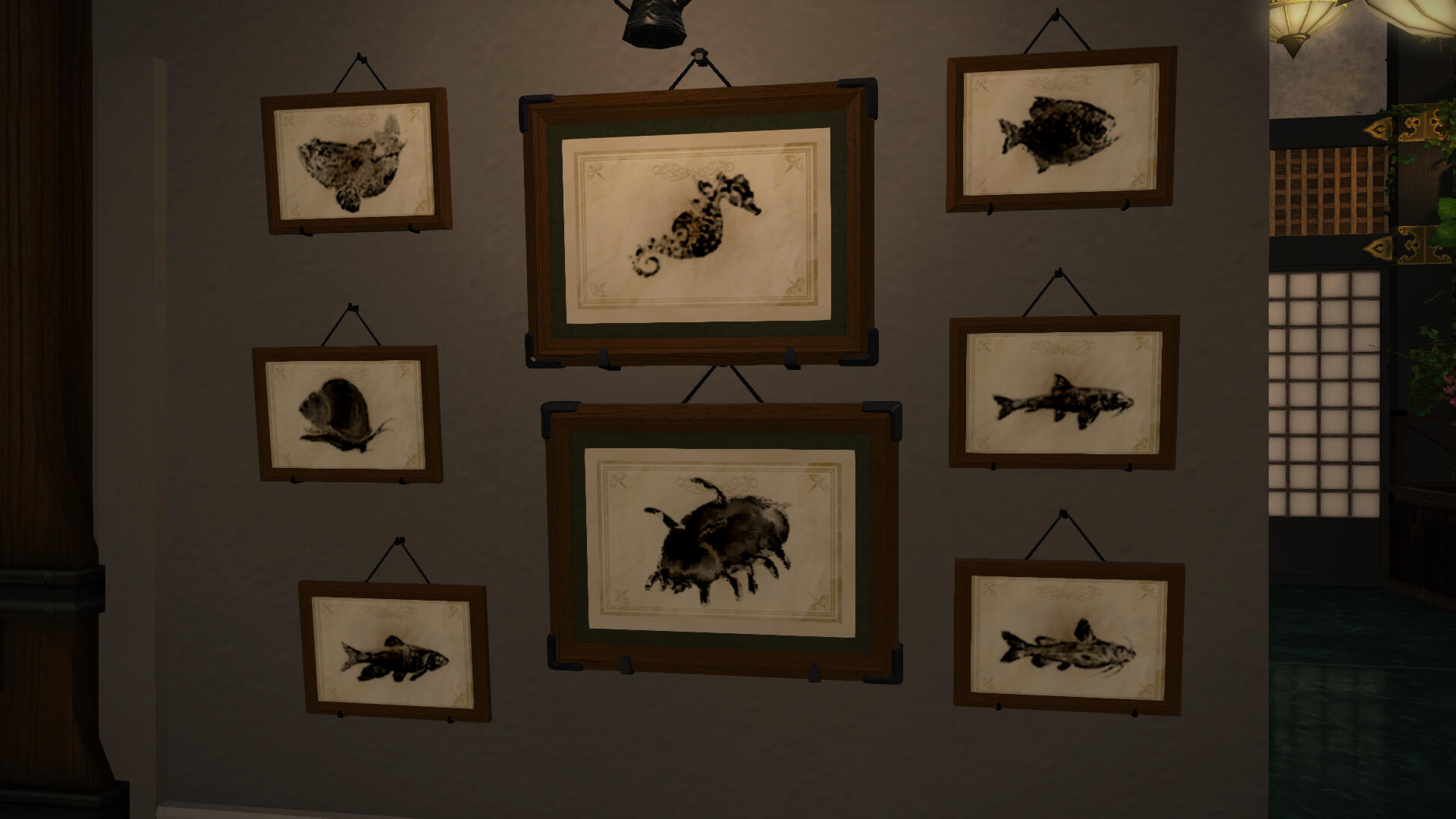 Prints, clockwise from top left: Dark Ambusher, Hraesvelgr's Tear, Bloody Brewer, Great Gudgeon, Caterwauler, Aetherochemical Compound #666, Beguiler Chub, Ignus Horn